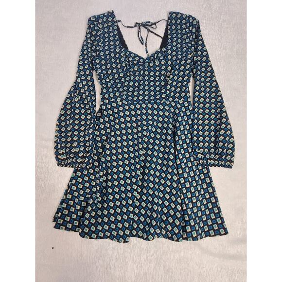 Band of the Free Genevieve Teal Diamond mini puff sleeve dress NWT Size Small - Picture 5 of 10